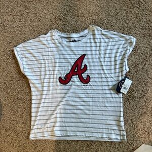 Atlanta Braves White and Gray Striped Tee with Red Logo